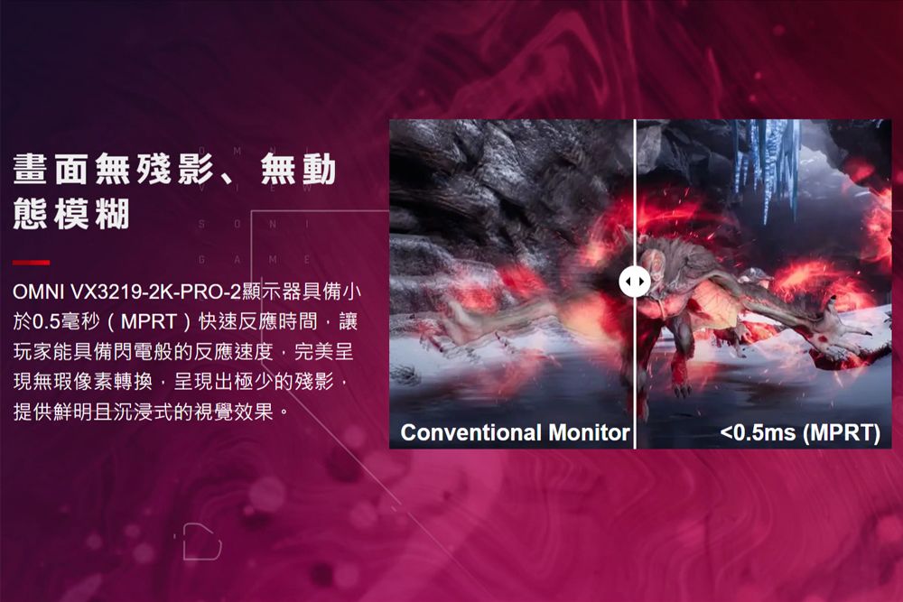 畫面無殘影、無動態模糊NMOMNIVX3219-2K-PRO-2顯示器具備小於0.5毫秒(MPRT)快速反應時間,讓玩家能具備閃電般的反應速度,完美呈現無瑕像素轉換,呈現出極少的殘影,提供鮮明且沉浸式的視覺效果。Conventional Monitor0.5ms (MPRT)