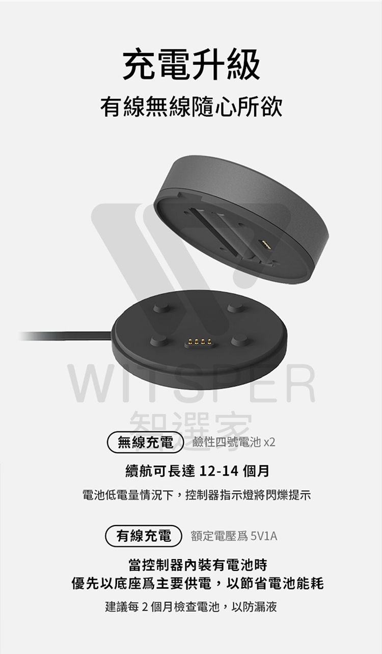 充電升級有線無線隨心所欲無線充電 鹼性四號電池x2續航可長達12-14 個月電池低電量情況下,控制器指示燈將閃爍提示有線充電 額定電壓5V1A當控制器有電池時優先以底座主要供電,以節省電池能耗建議每2個月檢查電池,以防漏液