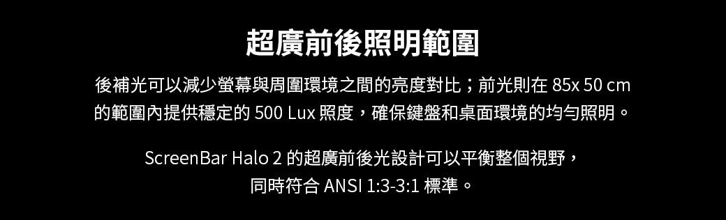 超廣前後照明範圍後補光可以減少螢幕與周圍環境之間的亮度對比;前光則在 85x50 cm的範圍內提供穩定的 500Lux 照度,確保鍵盤和桌面環境的均勻照明。ScreenBar Halo 2 的超廣前後光設計可以平衡整個視野,同時符合 ANSI 1:3-3:1 標準。