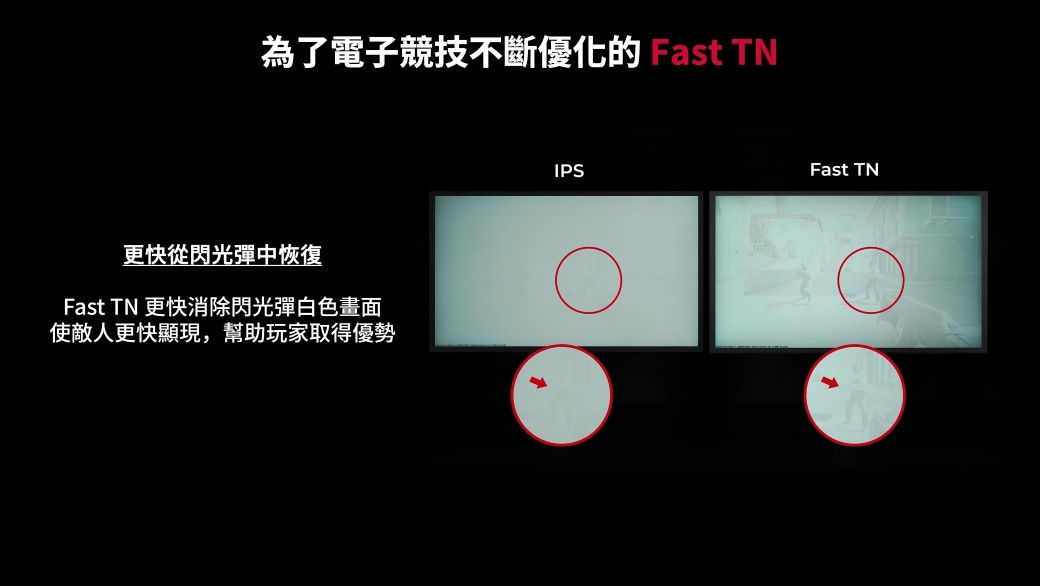 為了電子競技不斷優化的 Fast 更快從閃光彈中恢復Fast TN 更快消除閃光彈白色畫面使敵人更快顯現,幫助玩家取得優勢IPSFast TN