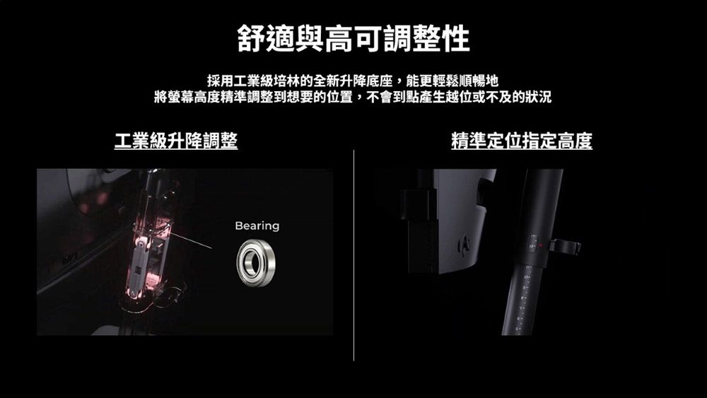 舒適與高可調整性採用工業級培林的全新升降底座,能更輕鬆順暢地將螢幕高度精準調整到想要的位置,不會到點產生越位或不及的狀況工業級升降調整精準定位指定高度Bearing