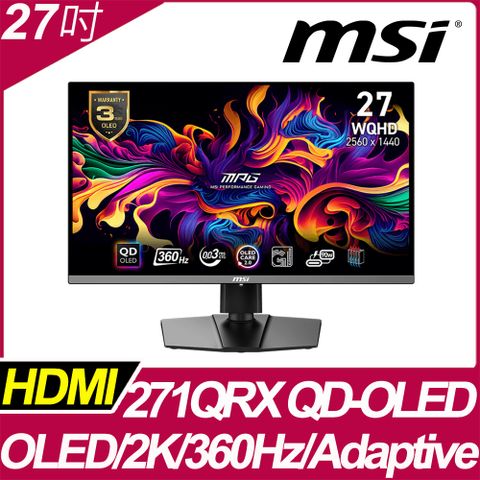 ★新一代 QD-OLED 面板★MSI MPG 271QRX QD-OLED 平面電競螢幕(27型/2K/360Hz/0.03ms/QD-OLED/Type-C)