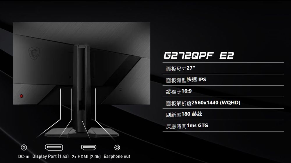 DC-in Display Port (1.4a) 2x HDMI (2.0b) Earphone out E2面板尺寸27面板類型快速IPS縱橫比16:9面板解析度2560x1440 (WQHD)刷新率180赫茲反應時間1ms GTG