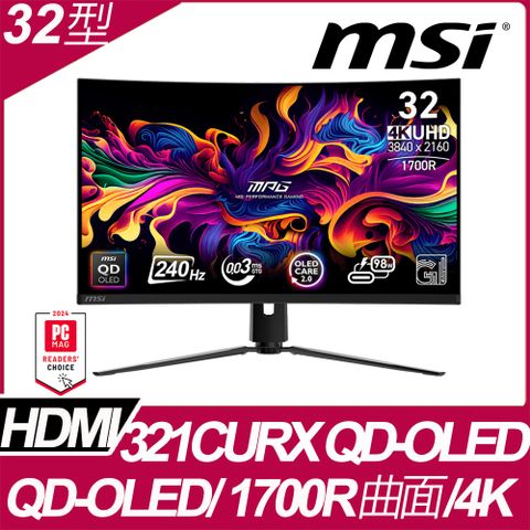 MSI 微星 MPG 321CURX QD-OLED HDR曲面電競螢幕 (32型/4K/240Hz/0.03ms/QD-OLED/Type-C)