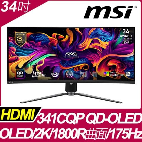 微星 MSI MAG 341CQP QD-OLED 34吋 曲面電競螢幕