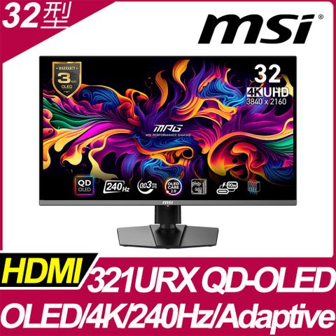 MSI MPG 321URX QD-OLED HDR平面電競螢幕 (32型/4K/240Hz/0.03ms/QD-OLED/Type-C)