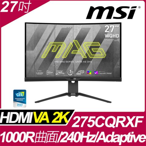 電競螢幕★首選品牌MSI MAG 275CQRXF HDR曲面電競螢幕(27型/2K/240hz/1ms/VA/Type-C)