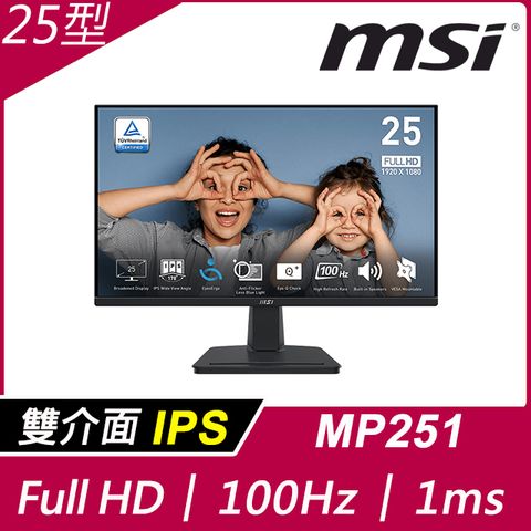 MSI PRO MP251 25 16:9 IPS Monitor, 100Hz 1ms, 1920 x 1080 (FHD) 