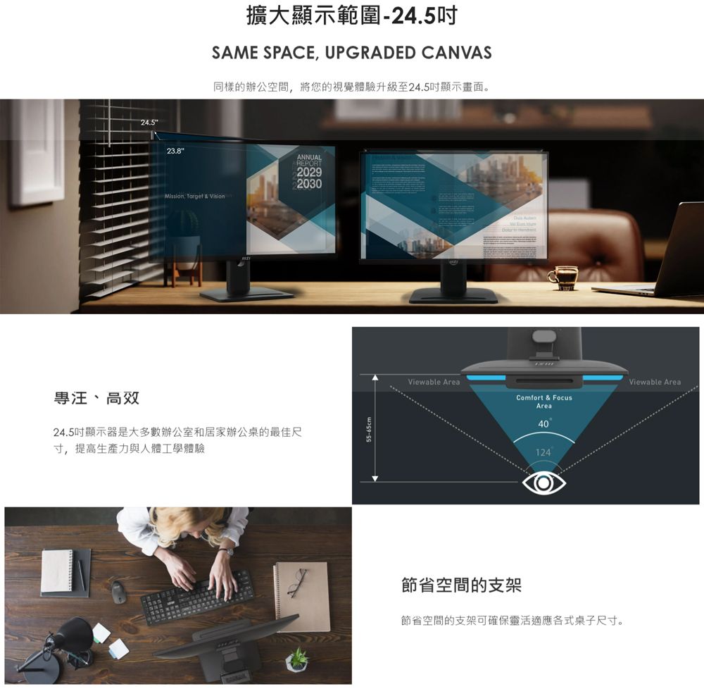 24.523.8擴大顯示範圍-24.5SAME SPACE UPGRADED CANVAS同樣的辦公空間,將您的視覺體驗升級至24.5吋顯示畫面。ANNUALREPORT20292030Mission,   Vision24.5吋顯示器是大多數辦公室和居家辦公桌的最佳尺寸,提高生產力與人體工學體驗Viewable AreaComfort & FocusArea40Viewable Area124節省空間的支架節省空間的支架可確保靈活適應各式桌子尺寸。