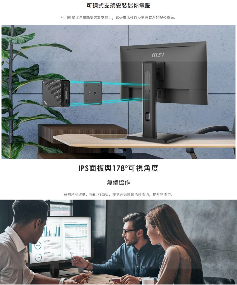 可調式支架安裝迷你電腦利用微星迷你電腦安裝於支架上,感受靈活性以及擁有乾淨的辦公桌面。IPS面板與178°可視角度無縫協作寬視角窄邊框,搭配IPS面板,提供完美影像色彩表現,提升生產力。