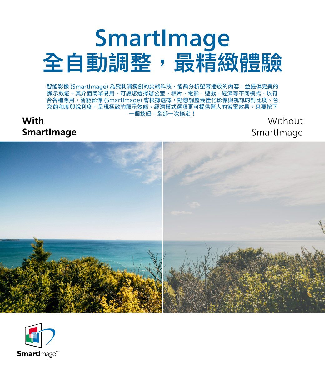 With全自動調整,最精緻體驗智能影像 ()為飛利浦獨創的尖端科技,能夠分析螢幕播放的內容,並提供完美的顯示效能。其介面簡單易用,可讓您選擇辦公室、相片、電影、遊戲、經濟等不同模式,以符合各種應用。智能影像 (SmartImage) 會根據選擇,動態調整最佳化影像與視訊的對比度、色彩飽和度與銳利度,呈現極致的顯示效能。經濟模式選項更可提供驚人的省電效果。只要按下一個按鈕,全部一次搞定!SmartImageWithoutSmartImageSmartImage