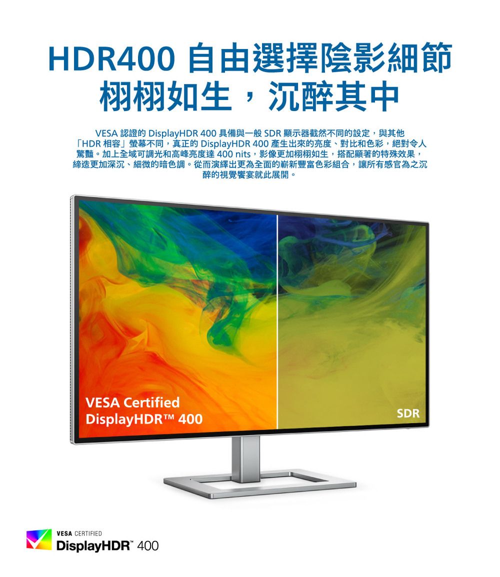 HDR400 自由選擇陰影細節栩栩如生,沉醉其中VESA 認證的 DisplayHDR 400 具備與一般SDR顯示器截然不同的設定,與其他「HDR 相容」螢幕不同,真正的 DisplayHDR 400 產生出來的亮度、對比和色彩,絕對令人驚豔。加上全域可調光和高峰亮度達400nits,影像更加栩栩如生,搭配顯著的特殊效果,締造更加深沉、細微的暗色調。從而演繹出更為全面的嶄新豐富色彩組合,讓所有感官為之沉醉的視覺饗宴就此展開。VESA CertifiedDisplayHDRT 400SDRVESA CERTIFIEDDisplayHDR 400