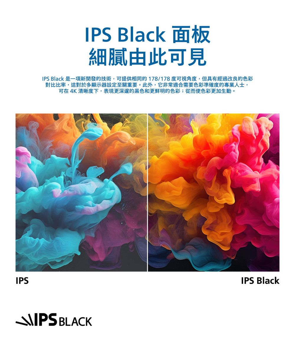 IPSIPS Black 面板細膩由此可見IPS Black 是一項新開發的技術,可提供相同的178/178度可視角度,但具有經過改良的色彩對比比率,這對於多顯示器設定至關重要。此外,它非常適合需要色彩準確度的專業人士,可在 4K 清晰度下,表現更深邃的黑色和更鮮明的色彩;從而使色彩更加生動。 BLACKIPS Black