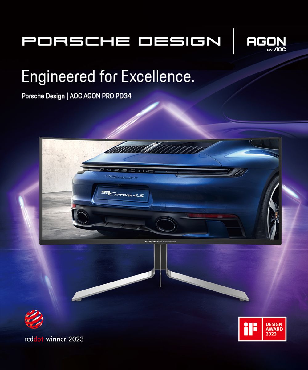 DESIGNEngineered for Excellence.Porsche Design  AOC AGON PRO PD34AGON PORSCHE PORSCHE DESIGNreddot winner 2023DESIGNAWARD2023