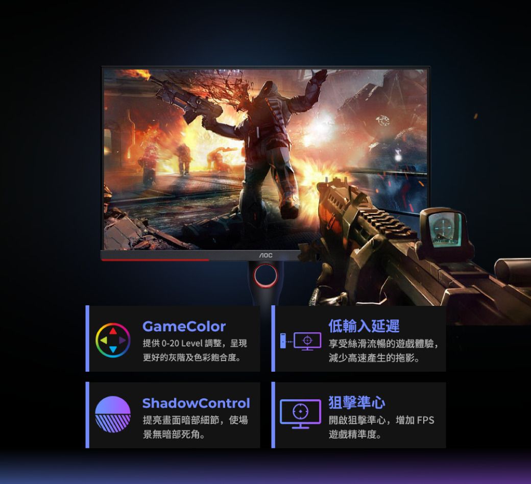 лосGameColor低輸入延遲提供0-20 Level 調整,呈現更好的灰階及色彩飽合度。享受絲滑流暢的遊戲體驗,減少高速產生的拖影。ShadowControl提亮畫面暗部細節,使場景無暗部死角。狙擊準心開啟狙擊準心,增加 FPS遊戲精準度。
