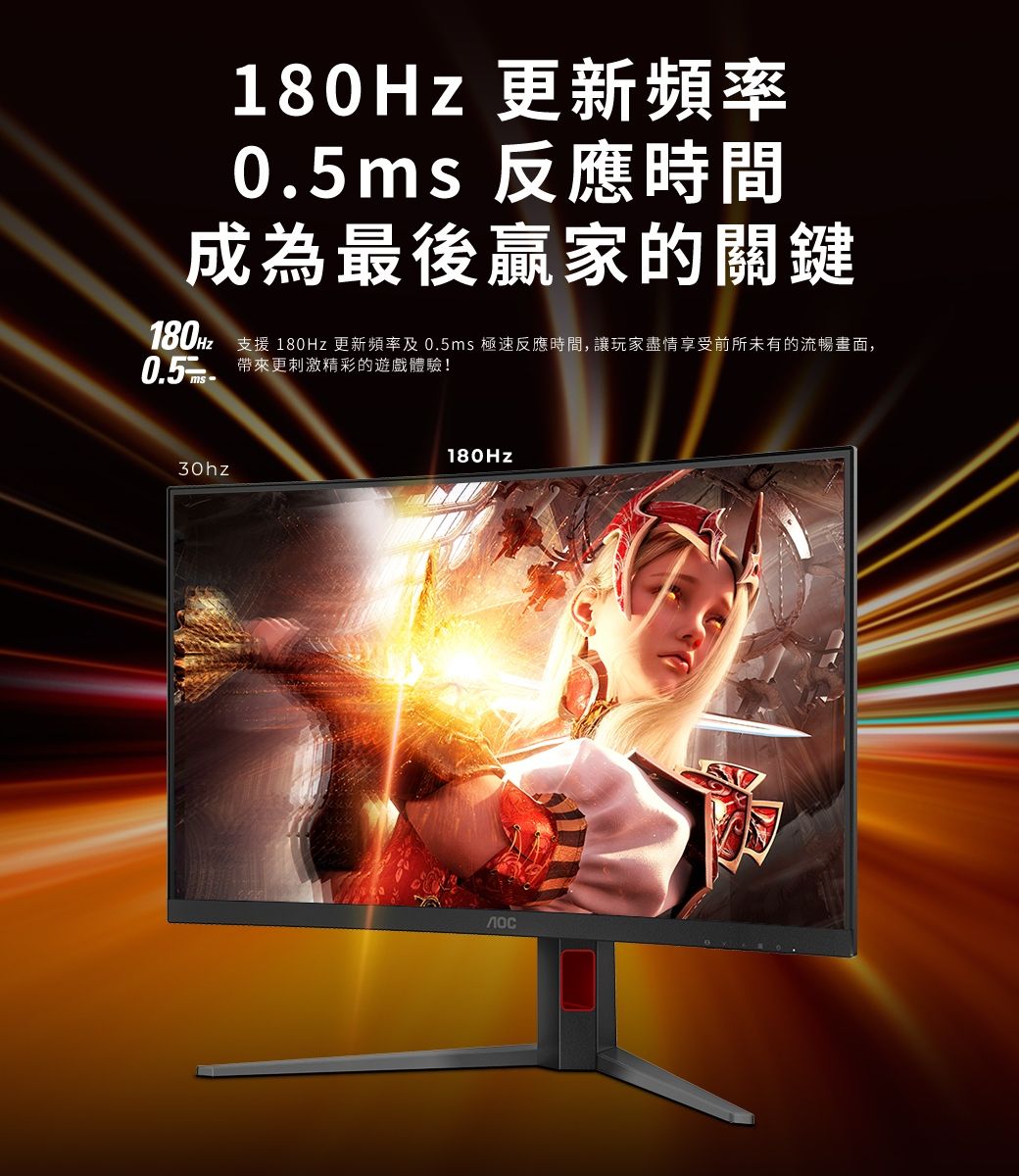 180Hz 更新頻率0.5ms 反應時間成為最後贏家的關鍵180Hz0.5-支援 180Hz 更新頻率及0.5ms 極速反應時間,讓玩家盡情享受前所未有的流暢畫面,帶來更刺激精彩的遊戲體驗!30hz180Hzлос