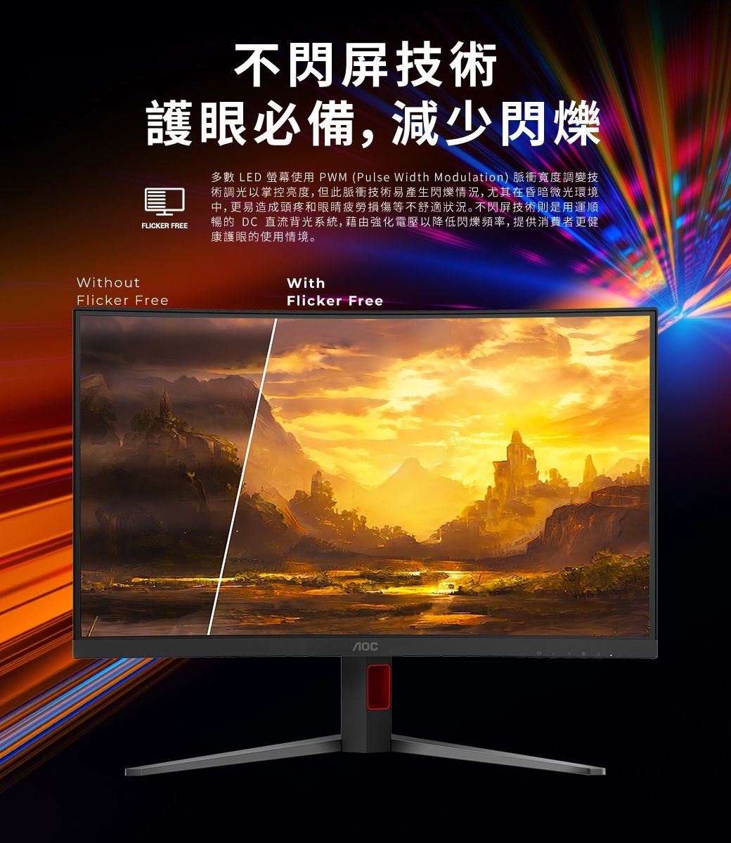 不閃屏技術護眼必備,減少閃爍FLICKER FREE多數 LED 螢幕使用 PWM (Pulse Width Modulation)脈衝寬度調變技術調光以掌控亮度,但此脈衝技術易產生閃爍情況,尤其在昏暗微光環境中,更易造成頭疼和眼睛疲勞損傷等不舒適狀況。不閃屏技術則是用運順暢的 DC 直流背光系統,藉由強化電壓以降低閃爍頻率,提供消費者更健康護眼的使用情境。WithoutFlicker FreeWithFlicker Freeлос