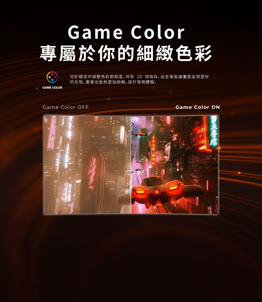 Game Color專屬於你細緻色彩GAME COLOR可於模式中調整色彩飽和度,共有20個階段,設定後能讓畫面呈現更好的, 圖像也能夠更加細緻,提升使用體驗。Game Color OFFGame Color ON