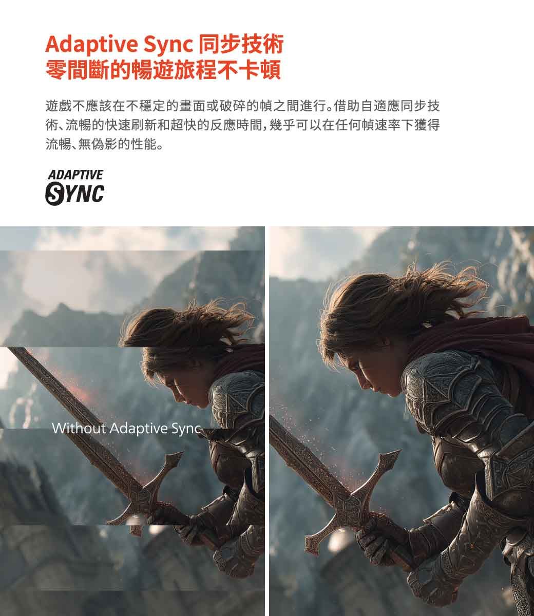 Adaptive Sync同步技術零間斷的暢遊旅程不卡頓遊戲不應該在不穩定的畫面或破碎的之間進行。借助自適應同步技術流暢的快速刷新和超快的反應時間,幾乎可以在任何幀速率下獲得流暢、無偽影的性能。ADAPTIVESYNCWithout Adaptive Sync