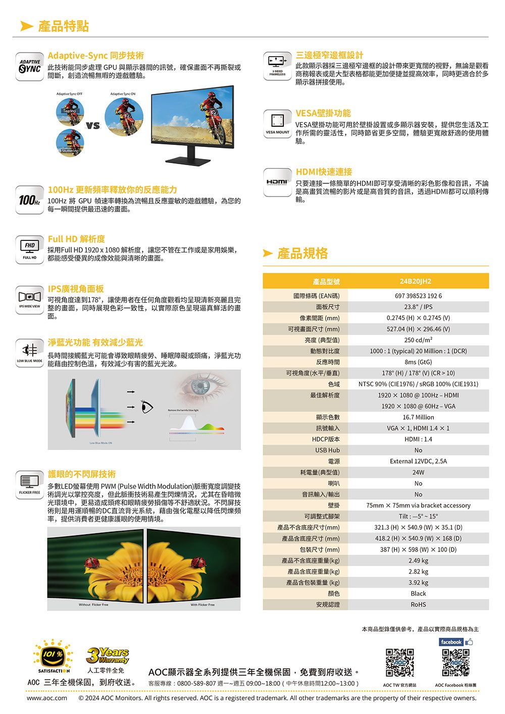 ADAPTIVE特點- 同步技術 此技術能同步處理 GPU與顯示器間的訊號確保畫面不再撕裂或間斷,創造流暢無暇的遊戲體驗。窄邊框設計此款顯示器採三邊極窄邊框的設計更的視野,無論是觀看商務報表或是大型表格都能更加便捷並提高效率,同時更適合於多顯示器拼接使用。  StutteringAdaptive Sync VESA壁掛功能VESA壁掛功能可用於壁掛設置或多顯示器安裝,提供您生活及工VESA MOUNT 所需的靈活性,同時節省更多空間,體驗更寬敞舒適的使用體驗。 更新頻率釋放你的反應能力100z 100Hz 將 GPU 速率轉換為流暢且反應靈敏的遊戲體驗,為您的每一瞬間提供最迅速的畫面。MI快速連接 連接一條簡單的即可享受清晰的彩色影像和音訊,不論是高畫質流暢的影片或是高音質的音訊,透過HDMI都可以順利傳。Full HD 解析度FHD採用Full HD 1920x1080 解析度,讓您不管在工作或是家用娛樂,FULL HD 都能感受優異的成像效能與清晰的畫面。產品規格產品型號24B20JH2IPS 廣視角面板 可視角度達到178°,讓使用者在任何角度觀看均呈現清新亮麗且完   整的畫面,同時展現色彩一致性,以實際原色呈現的畫面。國際條碼 (EAN碼)面板尺寸697 98523 192 623.8 / IPS像素間距(mm)淨藍光功能 有效減少藍光  MODE長時間接觸藍光可能會導致眼睛、睡眠障礙或頭痛,淨藍光功能藉由控制色温,有效減少有害的蓝光光波。可視畫面尺寸(mm)亮度(典型值)動態對比度反應時間527.04 (H)296.46 (V)H可視角度(水平/垂直)色域最佳解析度0.2745 (H)  0.2745 (V)250 cd/m21000:1 (typical) 20 Million: 1 (DCR)8ms (GtG)178°(H)/178°(V) (CR 10)NTSC 90% (CIE1976) / sRGB 100% (CIE1931)19201080 @ 100Hz-HDMI 顯示色數訊號輸入HDCP版本USB Hub電源External 12VDC, 2.5A24W喇叭No1920X1080 @60Hz-VGA16.7 MillionVGA  1, HDMI 1.41HDMI : 1.4No眼的不閃屏技術多數LED螢幕使用PWM (Pulse Width Modulation)脈衝寬度調變技 FREE 術調光以掌控亮度,但此脈衝技術易產生情況,尤其在昏暗微光環境中,更易造成頭疼和眼睛疲勞損傷等不舒適狀況。不閃屏技術則是用運順暢的DC直流背光系統,藉由強化電壓以降低閃爍頻率,提供消費者更健康護眼的使用情境。  With  耗電量(典型值)音訊輸入/輸出壁掛可調整式腳架產品不含底座尺寸(mm)產品含底座尺寸(mm)包装尺寸(mm)產品不含底座重量(kg)產品含底座重量(kg)產品含包裝重量 (kg)顏色安規認證75mm×75mm via bracket accessoryTilt : °~15°321.3 (H)×540.9 (W) × 35.1 (D)418.2 (H)×540.9(W)×168 (D)387 (H) × 598 (W) × 100 (D)2.49 kg2.82 kg3.92 kgBlackRoHS本商品型錄僅供參考,產品以實際商品規格為主facebook %SATISFACTION3 YearsWarranty人工零件全免AOC顯示器全系列提供三年全機保固,免費到府收送。AOC 三年全機保固,到府收送。客服專線:0800-589-807 週一~週五09:00~18:00(中午休息時間12:00~13:00)AOC TW 官方網站AOC Facebook 粉絲團www.aoc.com© 2024 AOC Monitors. All rights reserved. AOC is a registered trademark. All other trademarks are the property of their respective owners.