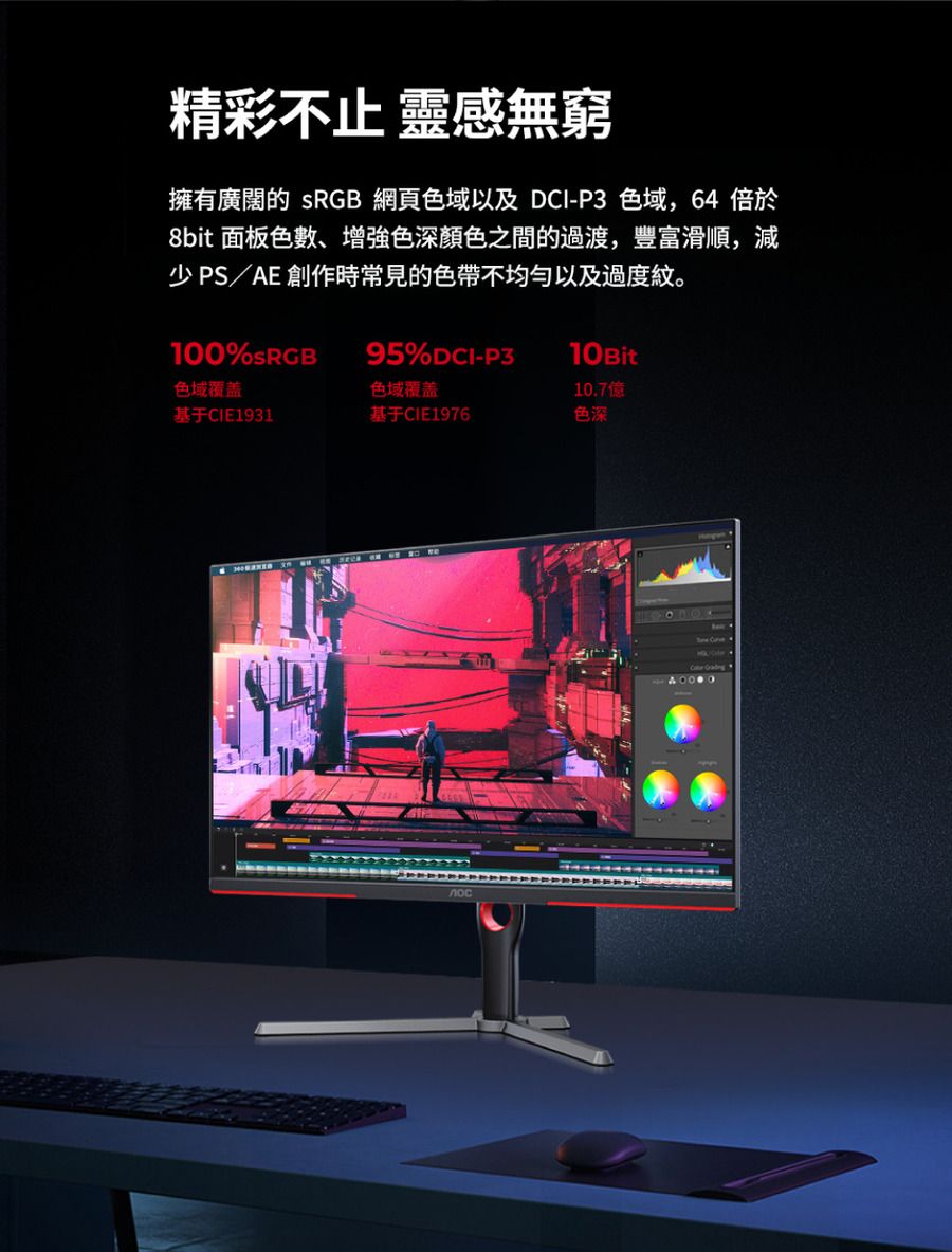 精彩不止 靈感無窮擁有廣闊的 SRGB 網頁色域以及 DCI-P3 色域,64 倍於8bit 面板色數、增強色深顏色之間的過渡,豐富滑順,減少 PS/AE 創作時常見的色帶不均勻以及過度紋。100%95%DCI-P310 Bit色域覆盖色域覆盖10.7億基于CIE1931基于CIE1976色深
