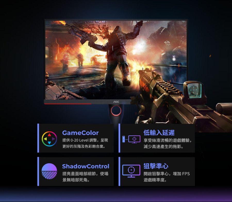 GameColor低輸入延遲提供0-20 Level 調整,呈現更好的灰階及色彩飽合度。享受絲滑流暢的遊戲體驗,減少高速產生的拖影。ShadowControl提亮畫面暗部細節,使場景無暗部死角。狙擊準心開啟狙擊準心,增加 FPS遊戲精準度。