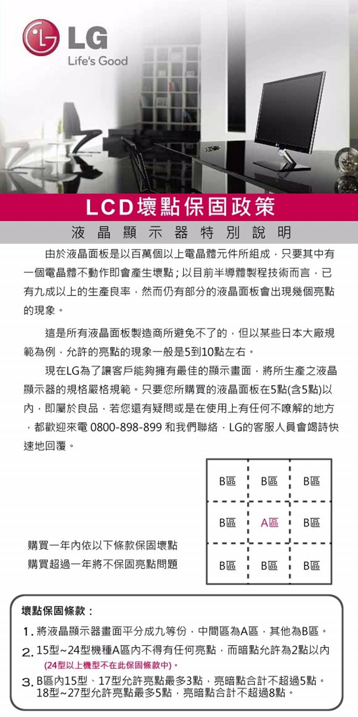 Lifes GoodLCD壞點保固政策液晶顯示器特別說明由於液晶面板是以百萬個以上電晶體元件所組成只要其中有一個電晶體不動作即會產生壞點;以目前半導體製程技術而言已有九成以上的生產良率然而仍有部分的液晶面板會出現幾個點的現象這是所有液晶面板製造商所避免不了的但以某些日本大廠規範為例允許的亮點的現象一般是5到10點左右。現在LG為了讓客戶能夠擁有最佳的顯示畫面,將所生產之液晶顯示器的規格嚴格規範。只要您所購買的液晶面板在5點(含5點)以,即屬於良品,若您還有疑問或是在使用上有任何的地方,都歡迎來電0800-898-899 和我們聯絡,LG的客服人員會詩快速地回覆。B區B區B區B區A區B區購買一年依以下條款保固壞點購買超過一年將不保固亮點問題B區B區B區壞點保固條款:1.將液晶顯示器畫面平分成九等份,中間區為A區,其他為B區。2.15型~24型機種A不得有任何亮點,而暗點允許為2點以內(24型以上機型不在此保固條款)。3. B區內15型、17型允許亮點最多3點,亮暗點合計不超過5點。18型~27型允許亮點最多5點,亮暗點合計不超過8點。