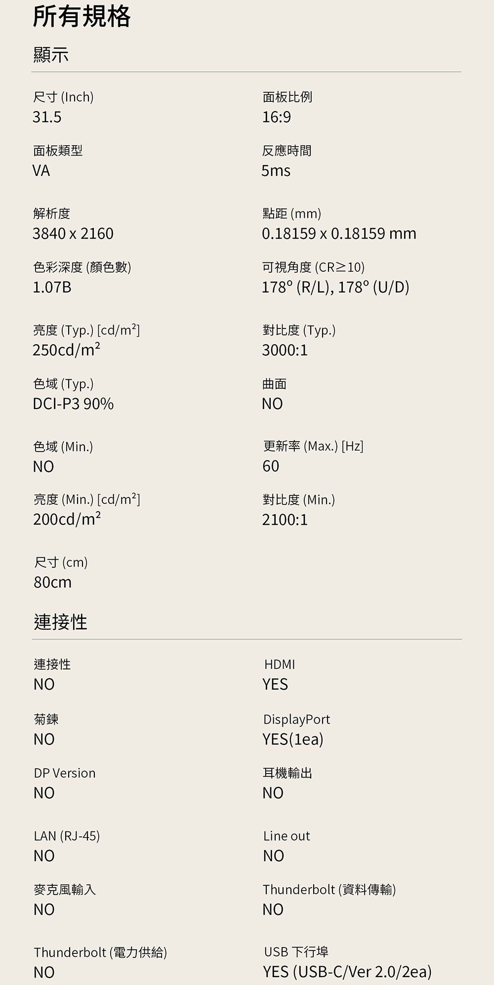 所有規格顯示尺寸 (Inch)31.5面板類型VA解析度38402160色彩深度(顏色數)1.07B亮度 (Typ.) [cd/m²]250cd/m²色域 (Typ.)DCI-P3 90%色域 (Min.)NO面板比例16:9反應時間5ms點距(mm)0.18159 x 0.18159 mm可視角度(CR≥10)178° (R/L), 178° (U/D)對比度 (Typ.)3000:1曲面NO更新率 (Max.) [Hz]60亮度 (Min.) [cd/m²]對比度 (Min.)200cd/m²2100:1尺寸(cm)80cm連接性連接性NO菊鍊NODP VersionNOHDMIYESDisplayPortYES(lea)耳機輸出NOLAN (RJ-45)NO麥克風輸入NOThunderbolt (電力供給)NOLine outNOThunderbolt (資料傳輸)NOUSB 下行埠YES (USB-C/Ver 2.0/2ea)