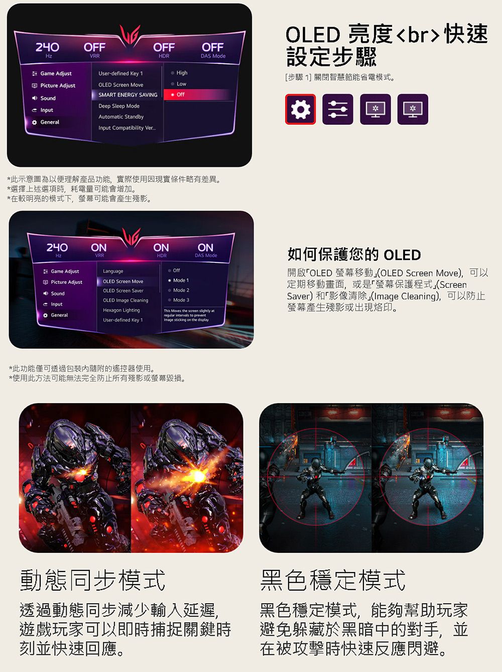 240HzOFFOFFGame AdjustUser-defined Key 1 HighPicture AdjustOLED Screen MoveLowSMART ENERGY SAVING OffSound Input GeneralDeep Sleep ModeAumic StandbyInput Compatibility VerOFFDAS Mode此示意圖為以便理解產品功能,實際使用因現實條件略有差異。*選擇上述選項時,耗電量可能會增加。*在較明亮的模式下,可能會產生殘影。240ONHzVRRONHDRONDAS ModeGame AdjustLanguagePicture AdjustOLED Screen MoveOffMode 1InputGeneralOLED Screen SaverOLED Image CleaningHexagon LightingUser-defined Key 1 Mode 2 Mode 3This Moves the screen  atregular intervals to Image sticking on the display*此功能僅可透過包裝隨附的遙控器使用。*使用此方法可能無法完全防止所有殘影或毀損。OLED 亮度br快速設定步驟[步驟1]關閉智慧節能省電模式。*如何保護您的 OLED開啟OLED 移動(OLED Screen Move),可以定期移動畫面,或是螢幕保護程式」(ScreenSaver) 和影像清除」(Image Cleaning),可以防止螢幕產生殘影或出現烙印。動態同步模式透過動態同步減少輸入延遲,遊戲玩家可以即時捕捉關鍵時刻並快速回應。黑色穩定模式黑色穩定模式,能夠幫助玩家避免躲藏於黑暗中的對手,並在被攻擊時快速反應閃避。