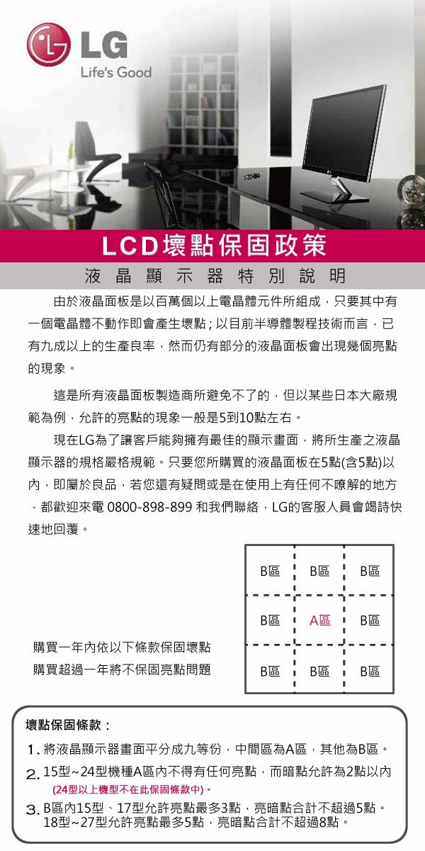 LGLife's GoodLCD壞點保固政策液晶顯示器特別說明由於液晶面板是以百萬個以上電晶體元件所組成只要其中有一個電晶體不動作即會產生壞點;以目前半導體製程技術而言,已有九成以上的生產良率,然而仍有部分的液晶面板會出現幾個亮點的現象這是所有液晶面板製造商所避免不了的,但以某些日本大廠規範為例,允許的亮點的現象一般是5到10點左右。現在LG為了讓客戶能夠擁有最佳的顯示畫面,將所生產之液晶顯示器的規格嚴格規範。只要您所購買的液晶面板在5點(含5點)以內,即屬於良品,若您還有疑問或是在使用上有任何的地方,都歡迎來電0800-898-899 和我們聯絡,LG的客服人員會詩快速地回覆。B區B區B區B區 A區B區購買一年內依以下條款保固壞點購買超過一年將不保固亮點問題B區B區B區壞點保固條款:1.將液晶顯示器畫面平分成九等份,中間區為A區,其他為B區。2. 15型~24型機種A不得有任何亮點,而暗點允許為2點以內(24型以上機型不在此保固條款)。3. B區內15型、17型允許亮點最多3點,亮暗點合計不超過5點。18型~27型允許亮點最多5點,亮暗點合計不超過8點。