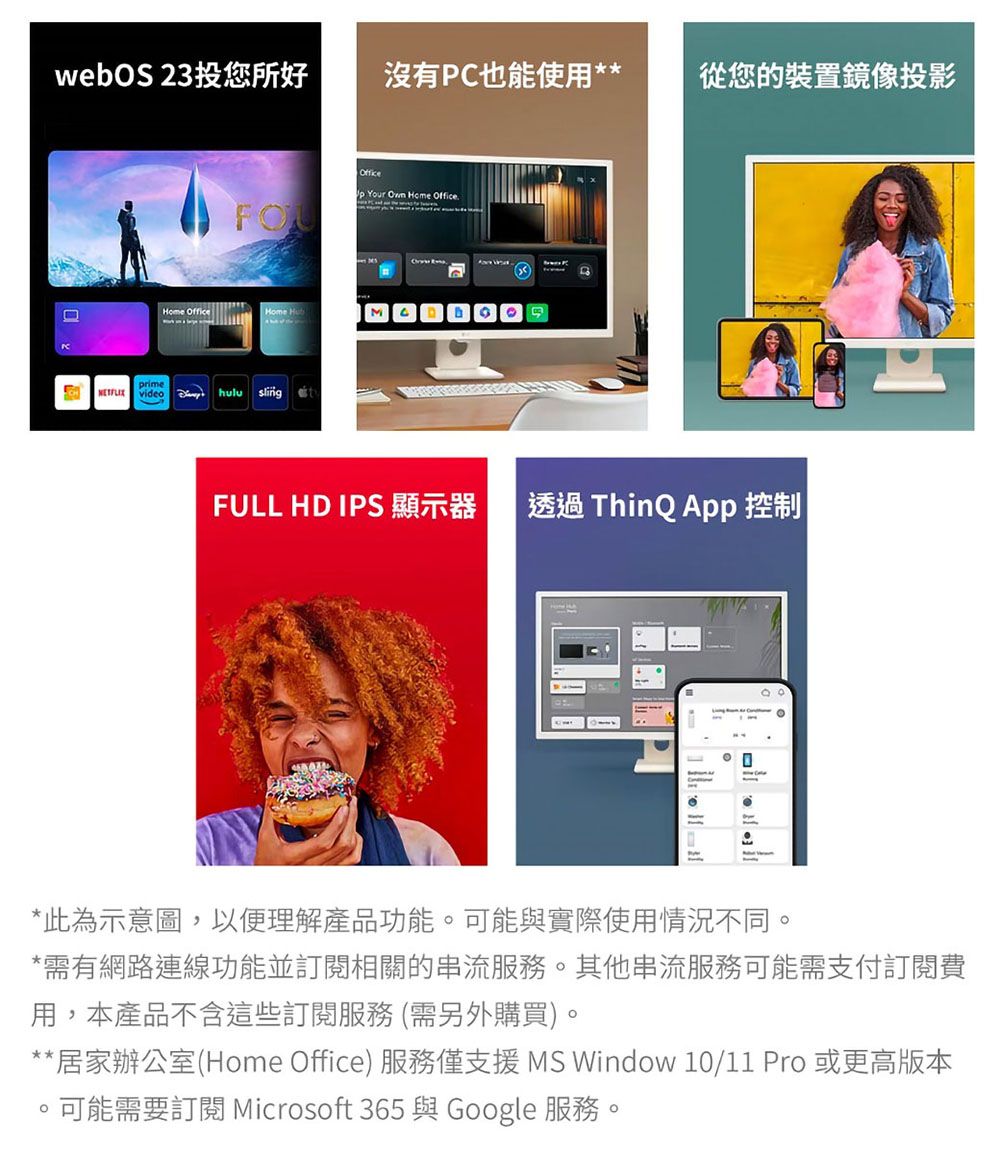 webOS 23投您所好沒有PC也能使用**從您的裝置鏡像投影Home Home primevideohulu sling Office Your Own Home Office FULL HD IPS 顯示器 透過 ThinQ App 控制|*此為示意圖,以便理解產品功能可能與實際使用情況不同。*需有網路連線功能並訂閱相關的串流服務。其他串流服務可能需支付訂閱費用,本產品不含這些訂閱服務(需另外購買)。**居家辦公室(Home Office) 服務僅支援 MS Window 10/11 Pro 或更高版本。可能需要訂閱 Microsoft 365 與 Google 服務。