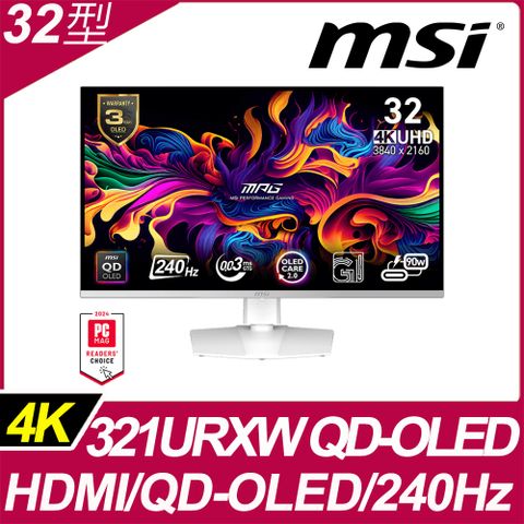 MSI MPG 321URXW QD-OLED HDR平面電競螢幕 (32型/4K/240Hz/0.03ms/QD-OLED/Type-C)