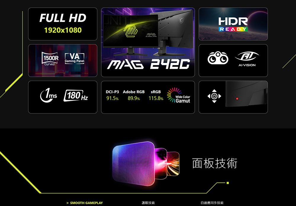 FULL HD1920x10801500R VACurvedGaming PanelMAG  180 DCIP3 Adobe RGB91.5% 89.9%115.8%Wide ColorGamutHDRREADY面板技術 SMOOTH GAMEPLAY護眼技術自適應同步技術-VISION