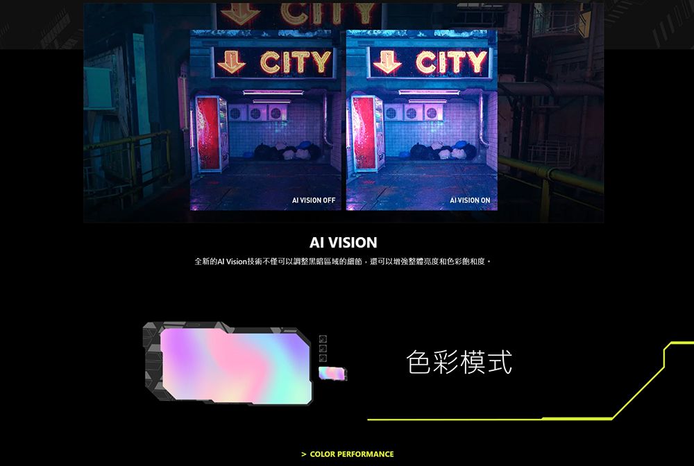 CITY VISION OFFCITYVISION ONAI VISION全新的Al Vision技術不僅可以調整黑暗區域的細節,還可以增強整體亮度和色彩飽和度 COLOR PERFORMANCE色彩模式