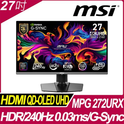MSI MPG 272URX QD-OLED 平面電競螢幕 (27型/UHD/HDR/240Hz/0.03ms/OLED)