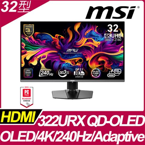 MSI MPG 322URX QD-OLED HDR平面電競螢幕 (32型/4K/240Hz/0.03ms/QD-OLED/Type-C)