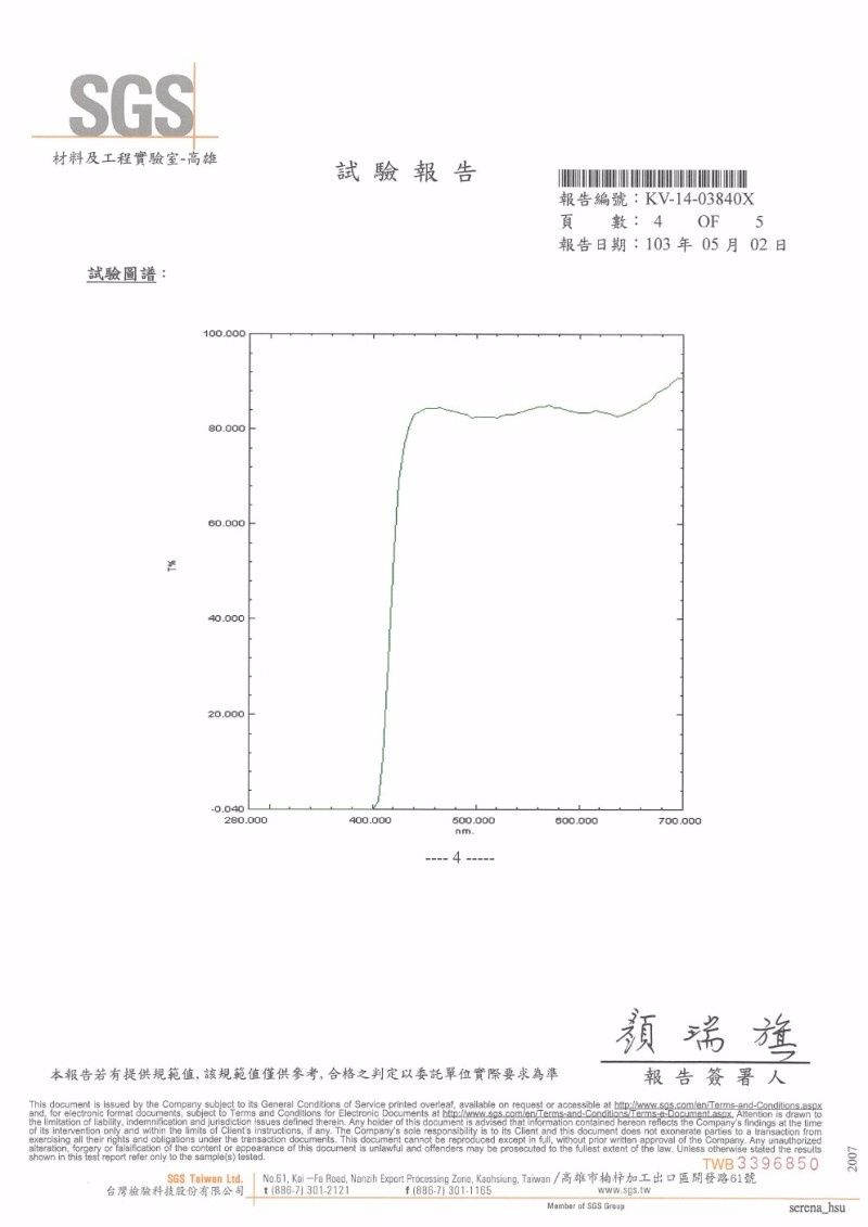材料及工程實驗室-高雄試驗報告報告編號:KV-14-03840X頁數:4 OF報告日期:103年05月02日5試驗圖譜:100000600004000020000280000400000700000nm.4本報告若有提供規範值該規範值僅供參考合格之判定以委託單位實際要求為準報告簽署人This documen is issued by the Company subject   General   Service printed overlea available on request or       documents subject to  and Conditions for  Documents at .  is drawn tothe limitation of , indemnication and jurisdiction issues defined therein. Any holder of this document is advised that information contained hereon reflects the Companys findings at the time.of its   and within the limits of Clients instructions, if any. The Companys sole responsibility is to its Client and this document does not exonerate parties to a transaction from all their rights and  under the transaction documents. This document cannot be reproduced except in full, without prior written approval of the Company. Any unauthorized, forgery or falsification of the content or appearance of this document is unlawful and offenders may be prosecuted to the fullest extent of the law. Unless otherwise stated the resultsshown in this  report refer only to the samples tested.TWB3396850SGS Taiwan Ltd,台灣檢驗科技股份有限公司No.61, Kai  Road,  Exporn Processing Zone, Kaohsiung, Taiwan /高雄市楠梓加工出口區開發路61號t( 301-2121f (886-7) 301-1165Mamber of SGS serena_hsu
