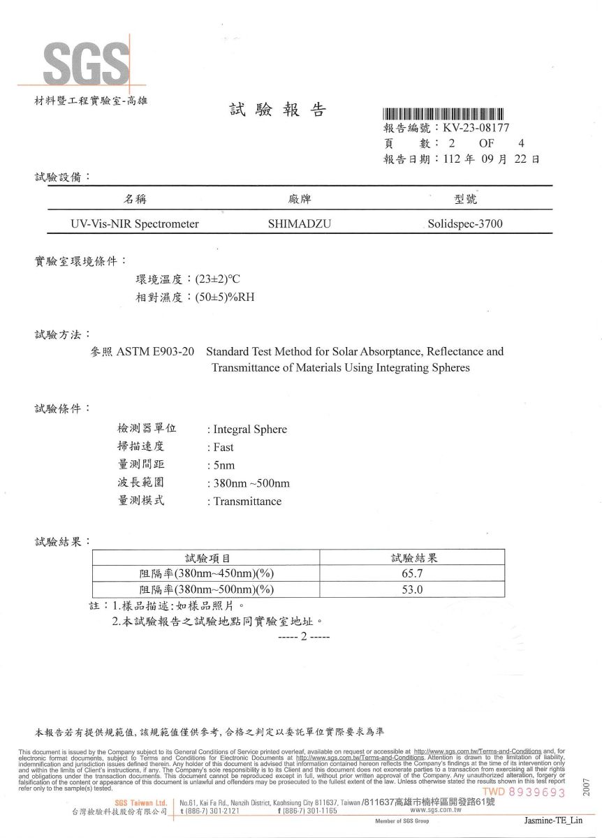 SGS材料暨工程實驗室-高雄試驗報告試驗設備名稱廠牌UV-Vis-NIR SpectrometerSHIMADZU實驗室環境條件環境溫度23±2)°相對濕度:(50±5)%RH試驗方法:報告編號:KV-23-08177頁數: 2 OF 4報告日期:112年09月22日型號Solidspec-3700參照 ASTM E903-20 Standard Test Method r Solar Absorptance Relectance andTransmittance of Materials Using Integrating s試驗條件:檢測器單位: Integral Sphere掃描速度: Fast量測間距: 5nm波長範圍:380nm~500mm量測模式: Transmittance試驗結果:試驗項目阻隔率(380nm~450nm)(%)阻隔率(380nm~500nm)(%)註:1樣品描述:如樣品照片。2 本試驗報告之試驗地點同實驗室地址。2試驗結果65.753.0本報告若有提供規範值該規範值僅供參考,合格之判定以委託單位實際要求為準This document is issued by the Company subject  its General Conditions of Service printed overleaf, available on request or accessible at http://www.sgs.com.tw/Terms-and-Conditions and, forelectronic format documents, subject fo Terms and Conditions for Electronic Documents at http://wwww.sgs.com.tw/Terms-and-Conditions. Attention is   the limitation of ability,indemnification and jurisdiction issues defined therein. Any holder of this document is advised that information contained hereon reflects the Companys findings at the time of its intervention onlyand within the limits of Clients instructions, if any. The Companys sole responsibility is to its Client and this document does not exonerate parties to a transaction from exercising all their rightsand obligations under the transaction documents. This document cannot be reproduced except in full, without prior written approval of the Company. Any unauthorized alteration, forgery orfalsification of the content or appearance of this document is unlawful and offenders may be prosecuted to the fullest extent of the law. Unless otherwise stated the results shown in this  reportrefer only to the sample(s) tested.TWD8939693SGS Taiwan Ltd.台灣檢驗科技股份有限公司No.61. Kai Fa Rd., Nanzih District, Kaohsiung City 811637. Taiwan /811637高雄市楠梓區開發路61號t (886-7) 301-2121f (886-7) 301-1165www.sgs.com.twMember of SGS GroupJasmine-TE_Lin