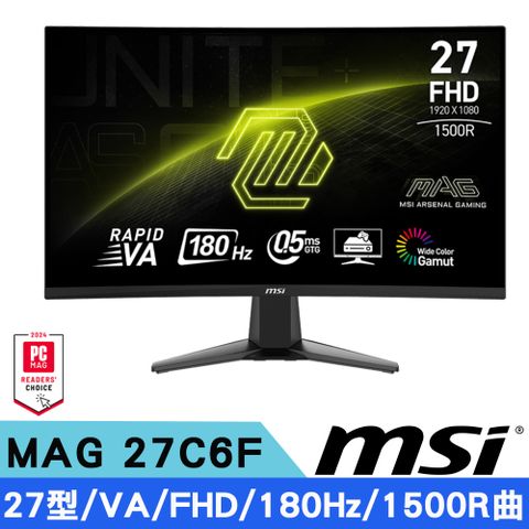 MSI 微星 微星 MAG 27C6F 27型 VA FHD 曲面電競螢幕 (1500R/180Hz/DP+HDMI)