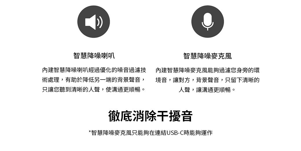 智慧降噪喇叭智慧降噪麥克風內建智慧降噪喇叭經過優化的噪音過濾技術處理,有助於降低另一端的背景聲音,只讓您聽到清晰的人聲,使溝通更順暢。內建智慧降噪麥克風能夠過濾您身旁的環境音,讓對方,背景聲音,只留下清晰的人聲,讓溝通更順暢。徹底消除干擾音*智慧降噪麥克風只能夠在連結USB-C時能夠運作