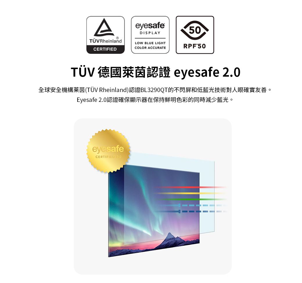 ATÜVRheinlandCERTIFIEDeyesafeDISPLAYLOW BLUE LIGHTCOLOR ACCURATE50RPF 50TÜV 德國萊茵認證 eyesafe 全球安全機構莱茵(TÜV Rheinland)認證BL3290QT的不閃屏和低藍光技術對人眼確實友善。Eyesafe 2.0認證確保顯示器在保持鮮明色彩的同時減少藍光。eyesafeCERTIFIED 2.0