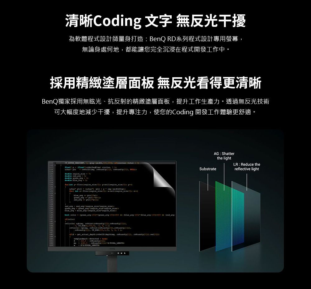 清晰Cong 文字 無反光干擾為軟體程式設計師量身打造BenQ RD系列程式設計專用螢幕無論身處何地都能讓您完全沉浸在程式開發工作中。採用精緻塗層面板 無反光看得更清晰BenQ獨家採用無眩光、抗反射的精緻塗層面板提升工作生產力。透過無反光技術可大幅度地減少干擾提升專注力使您的Codng 開發工作體驗更舒適。         green                  green    green             5   0            ,  1 i,  , ,     ,   detected    pi  *dAG : ShatterSubstratethe lightLR : Reduce thereflective light