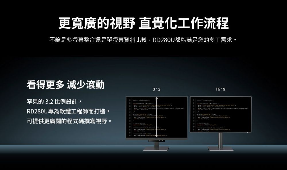 更寬廣的視野 直覺化工作流程不論是多螢幕整合還是單螢幕資料比較,RD280U都能滿足您的多工需求。看得更多 減少滾動32169罕見的 3:2 比例設計,RD280U專為軟體工程師而打造,可提供更廣闊的程式碼撰寫視野。