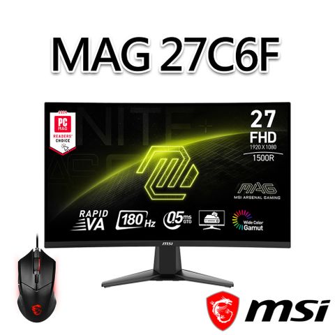 MSI 微星 【滑鼠組】MAG 27C6F 27吋 曲面電競螢幕 (27/1920x1080/16:9/180Hz/曲面)