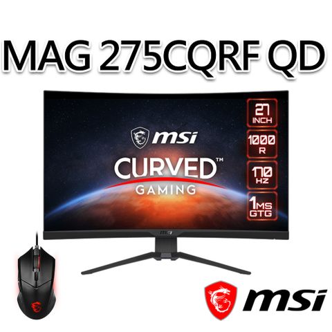 MSI 微星 【滑鼠組】MAG 275CQRF-QD 27吋 曲面電競螢幕(27/2560x1440/16:9/170Hz/曲面)