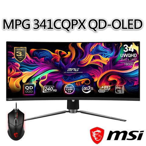 MSI 微星 【滑鼠組】MPG 341CQPX QD-OLED 34.18吋 曲面電競螢幕(34.18/3440x1440/21:9/240Hz)