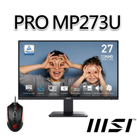 MSI 微星 【滑鼠組】PRO MP273U 27吋 螢幕 (27吋/3840x2160/16:9/60Hz/喇叭)