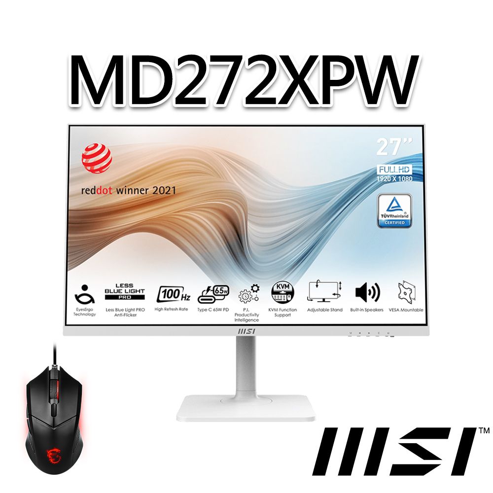 MSI 微星 【滑鼠組】Modern MD272XPW 27吋 螢幕 (27"/1920x1080/16:9/100Hz)