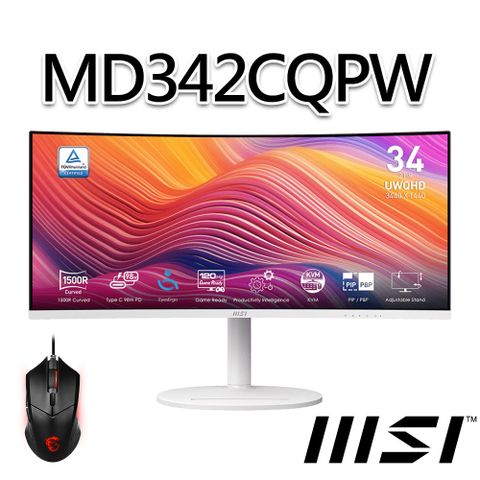 MSI 微星 【滑鼠組】Modern MD342CQPW 34吋 白色曲面螢幕 (34/3440x1440/21:9/120Hz/曲面/有喇叭)