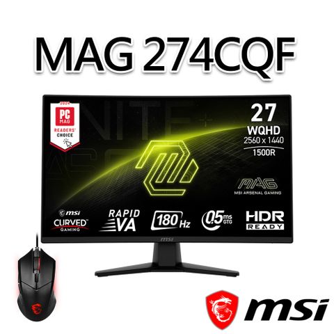 MSI 微星 【滑鼠組】MAG 274CQF 27吋 曲面電競螢幕 (27"/2560x1440/16:9/180Hz/曲面)